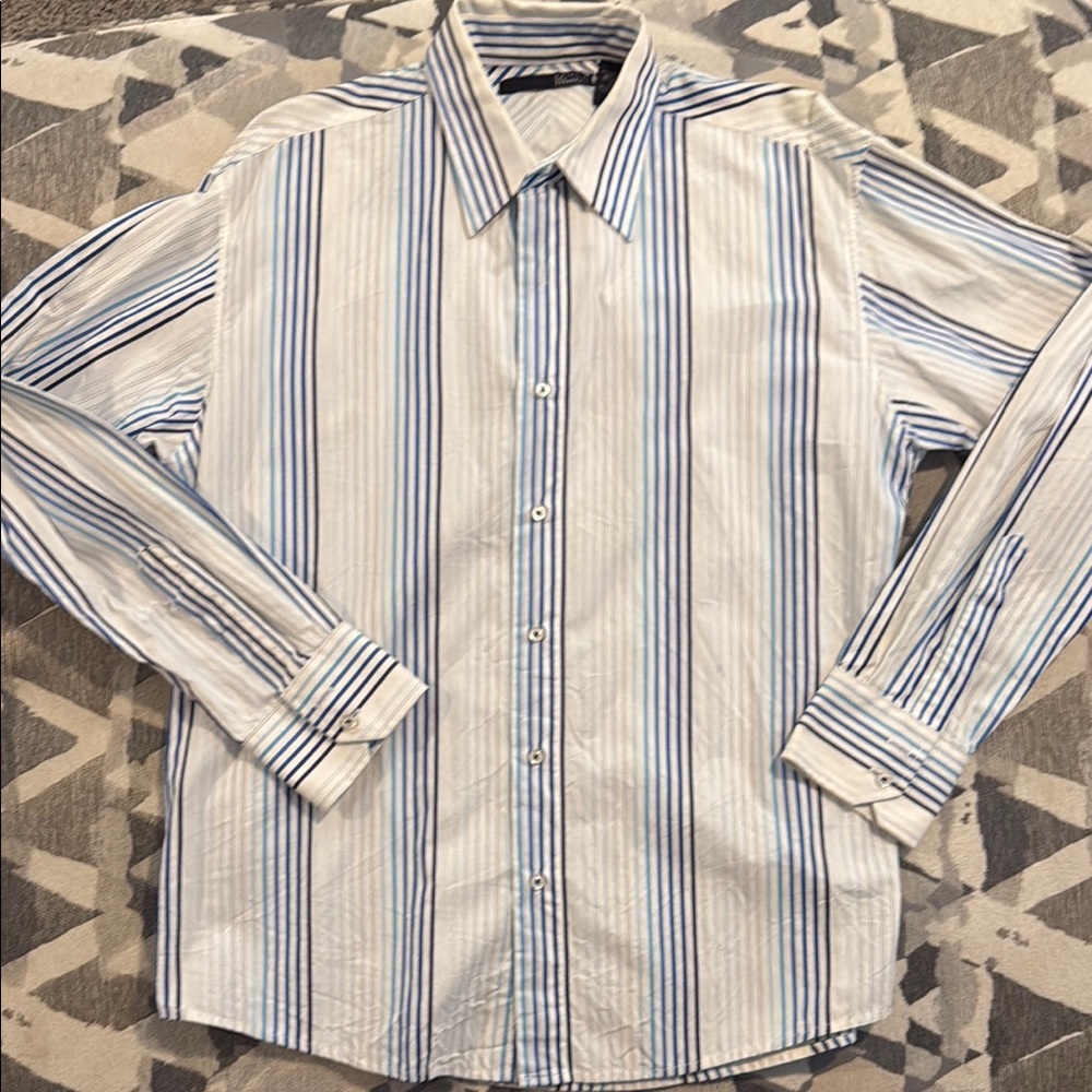 Blue and White Casual Button Down Shirt with Stripes